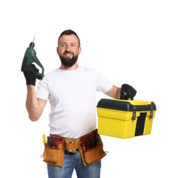 Photo of Professional repairman with tool box and electric screwdriver on white background