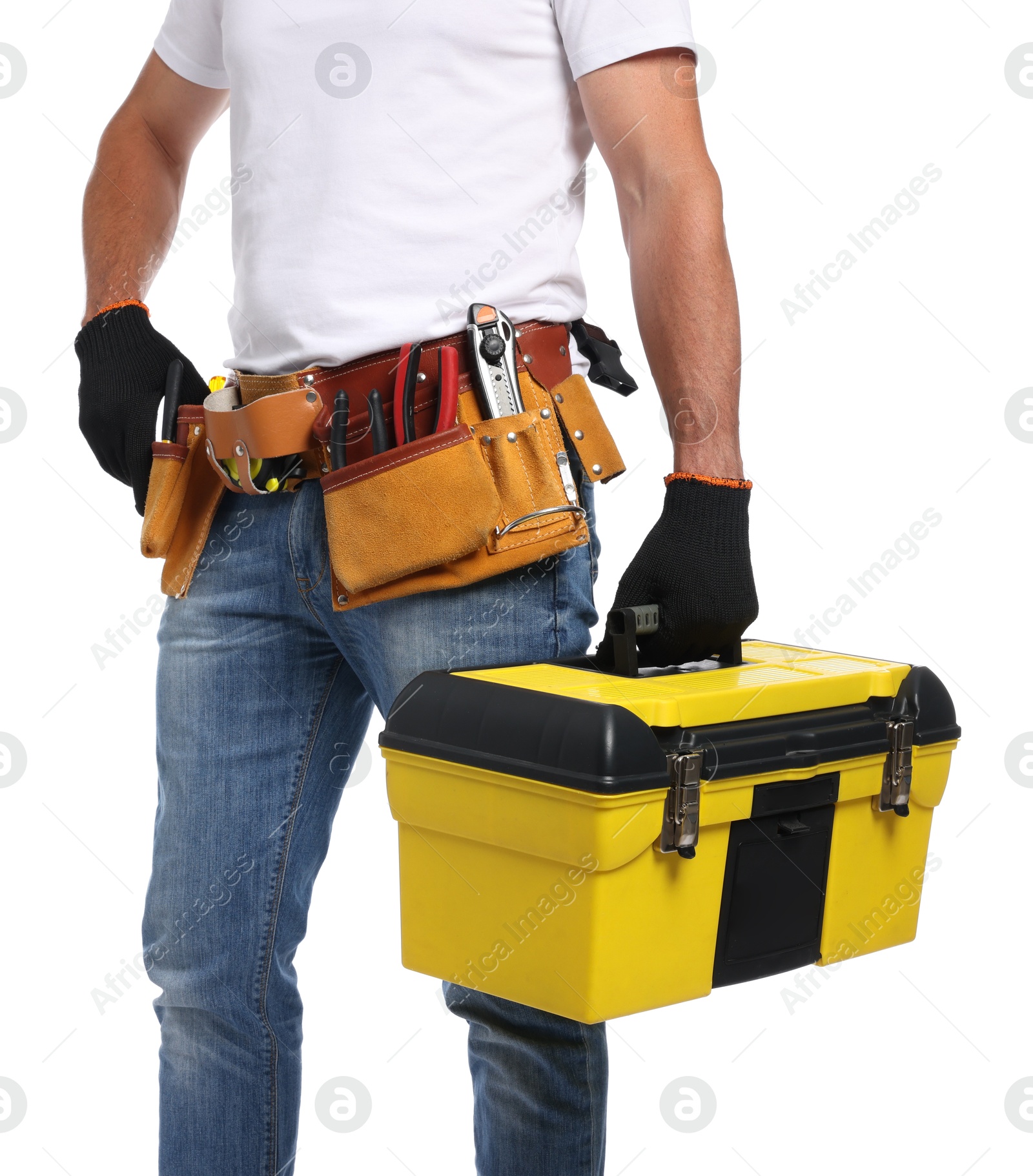 Professional repairman with tool box on white background, closeup Photo of Professional repairman with tool box on white background, closeup