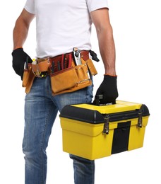 Photo of Professional repairman with tool box on white background, closeup