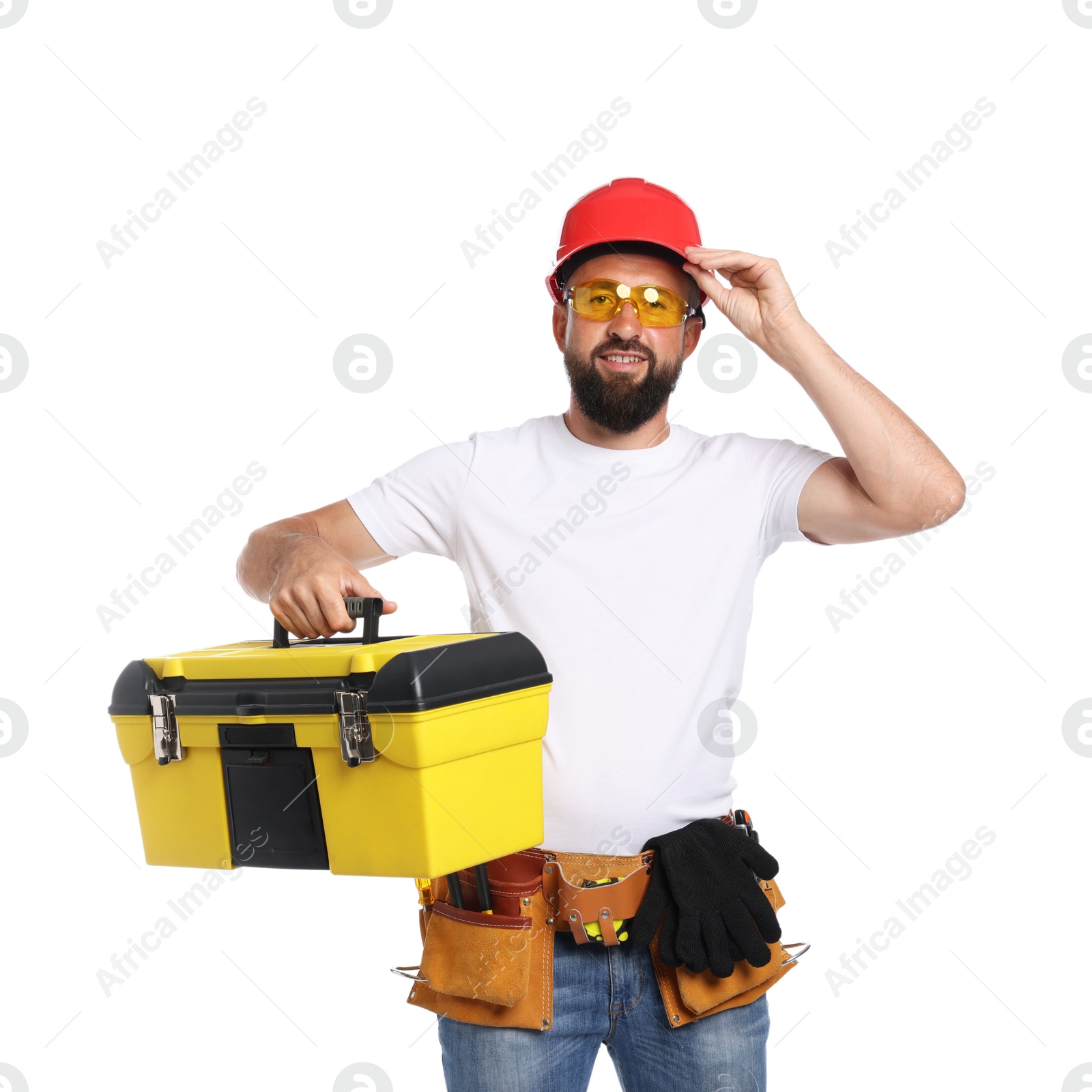 Professional repairman with tool box on white background Photo of Professional repairman with tool box on white background