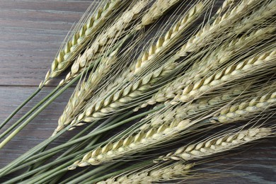 Photo of Green wheat spikes on wooden table, above view