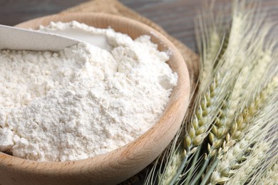 Photo of Flour in bowl and green wheat spikes on table, closeup