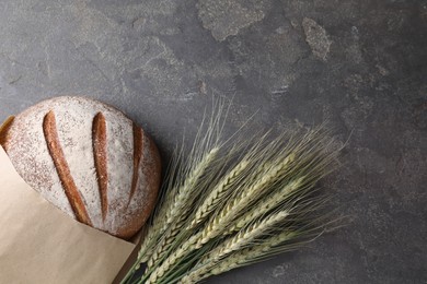 Photo of Fresh bread and green wheat spikes on grey table, flat lay. Space for text