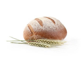 Photo of Fresh bread and green wheat spikes isolated on white