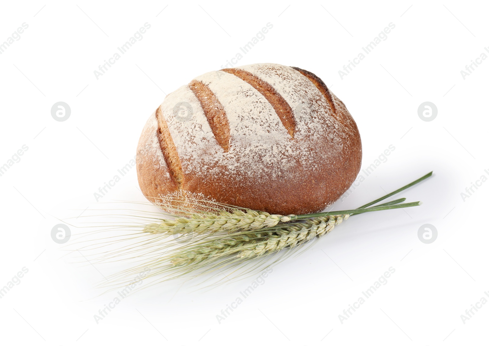Photo of Fresh bread and green wheat spikes isolated on white