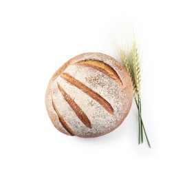 Photo of Fresh bread and green wheat spikes isolated on white, top view