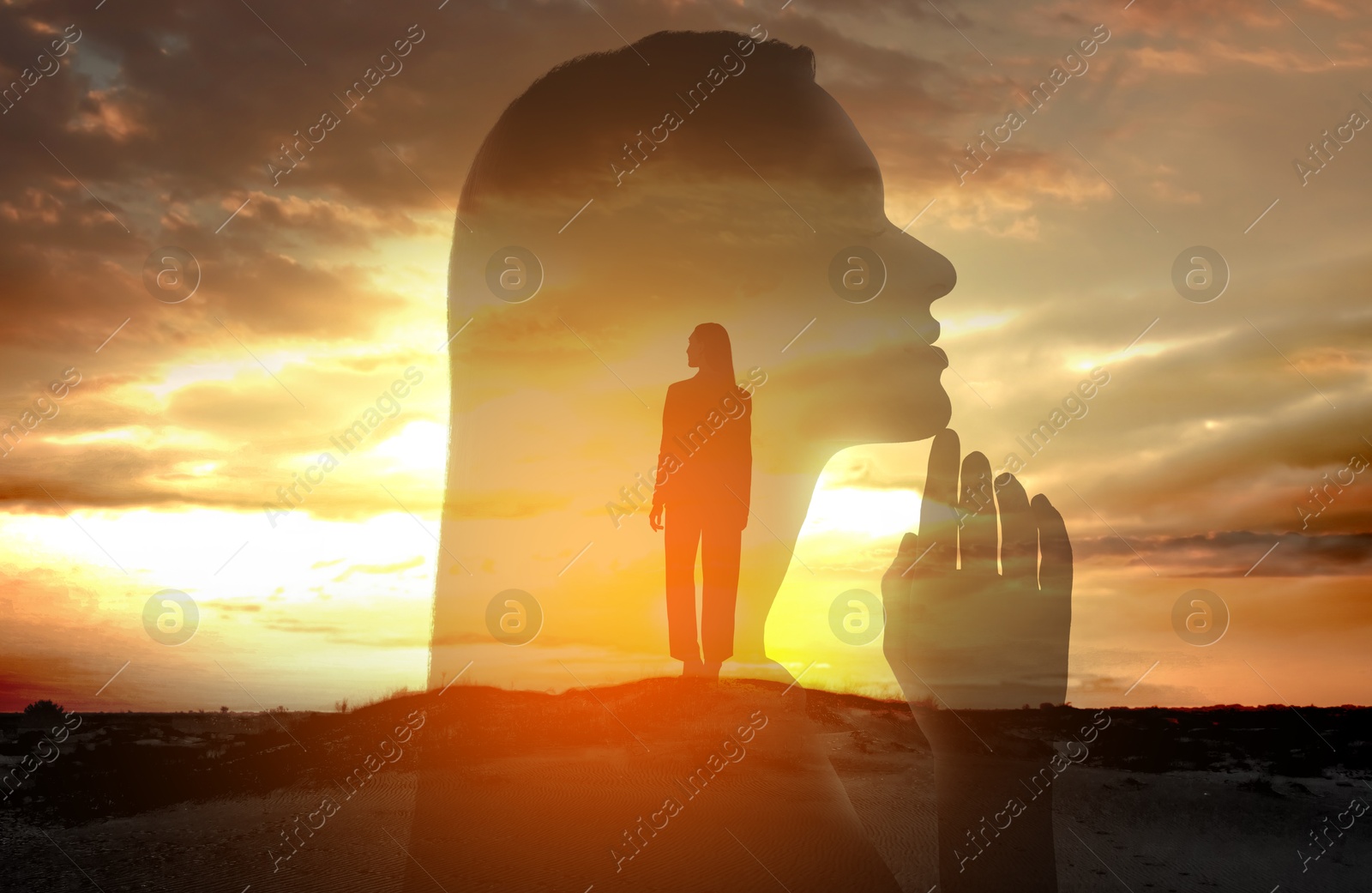 Image of Hope. Silhouettes of woman in nature at sunset, double exposure