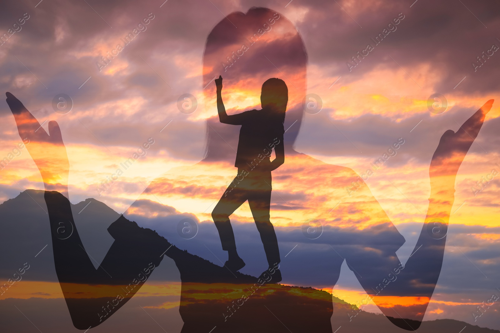 Hope. Silhouettes of woman in mountains under beautiful sky at sunset, double exposure Image of Hope. Silhouettes of woman in mountains under beautiful sky at sunset, double exposure