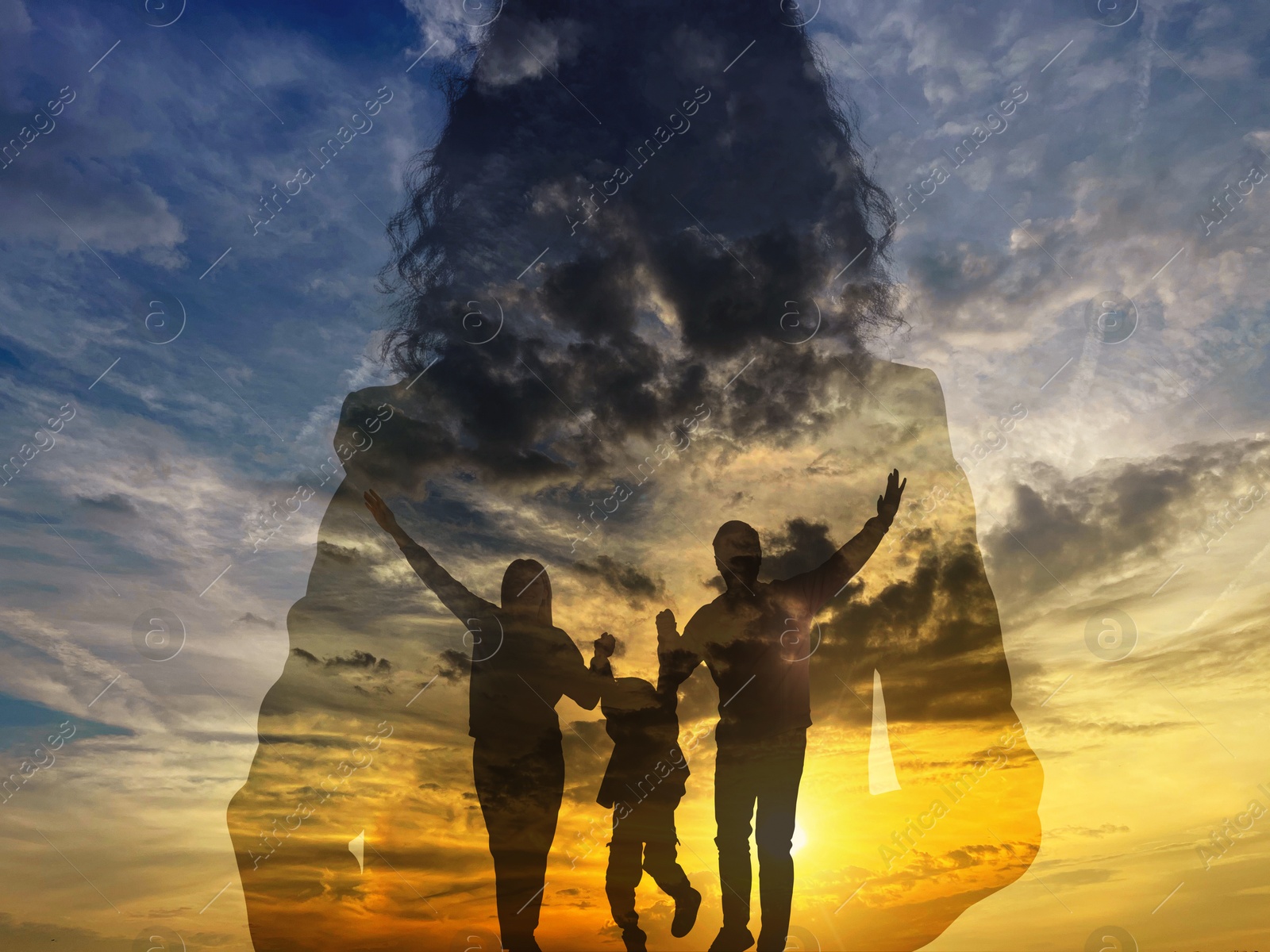 Image of Hope. Silhouettes of woman and family under beautiful sky at sunset, double exposure
