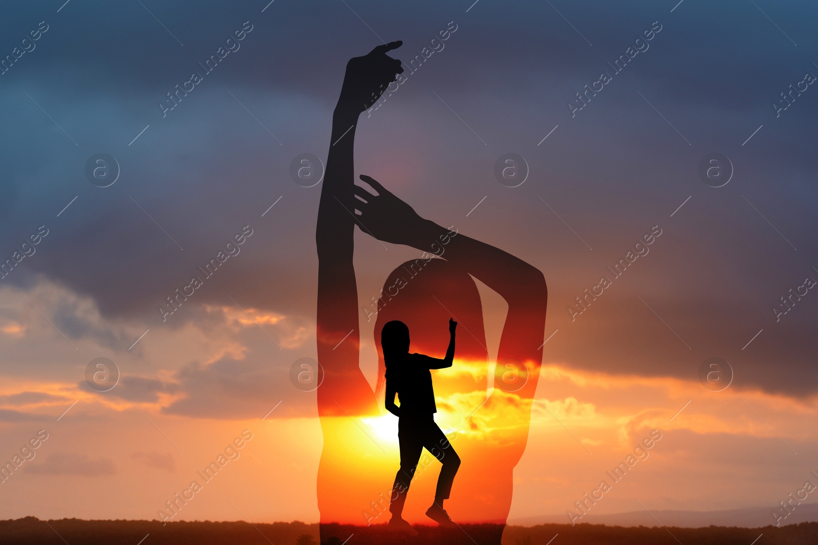 Hope. Silhouettes of woman under beautiful sky at sunset, double exposure Image of Hope. Silhouettes of woman under beautiful sky at sunset, double exposure