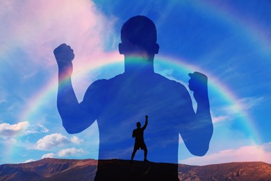 Image of Hope. Silhouettes of man in mountains under beautiful sky, double exposure