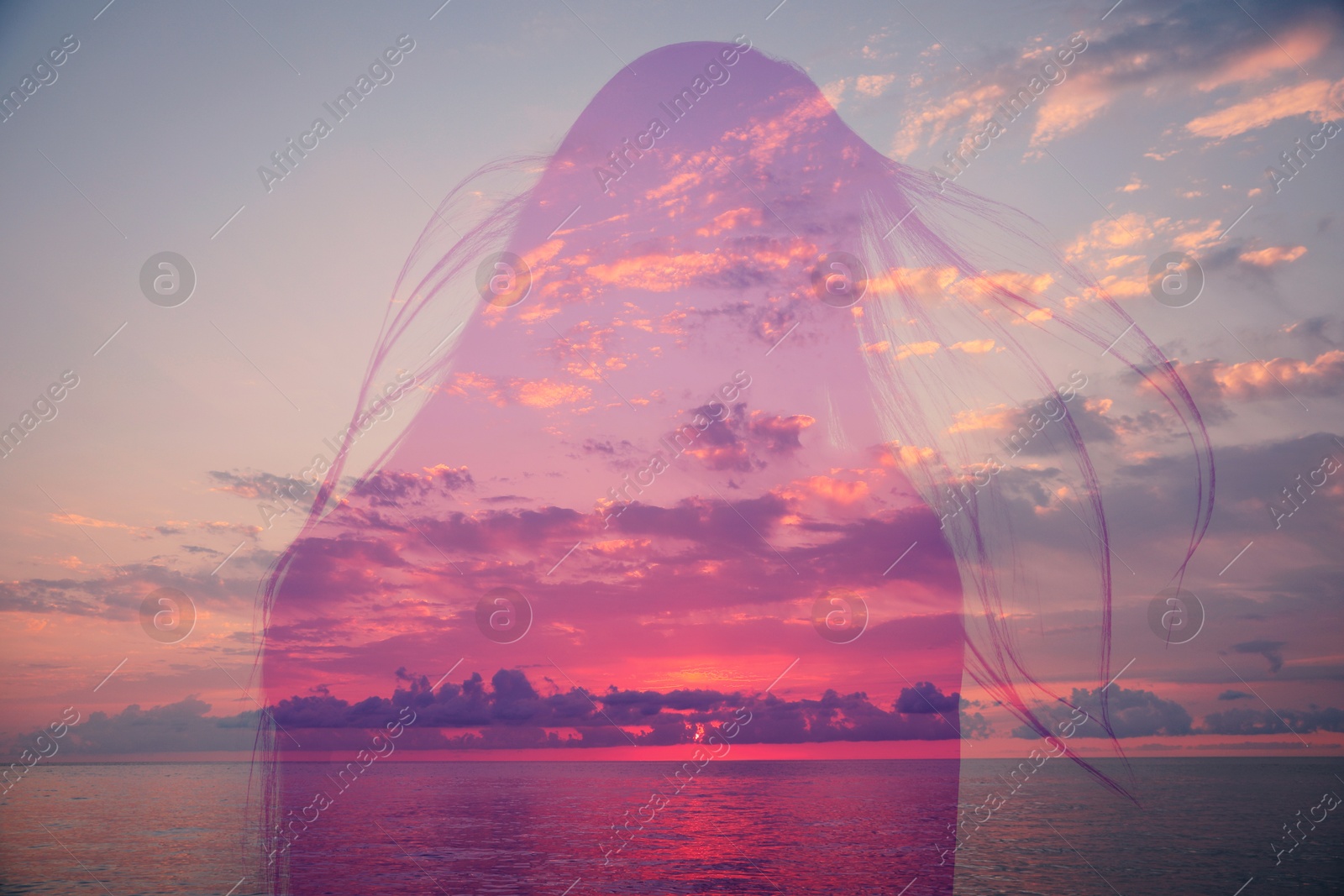 Hope. Silhouette of woman and beautiful seascape at sunset, double exposure Image of Hope. Silhouette of woman and beautiful seascape at sunset, double exposure