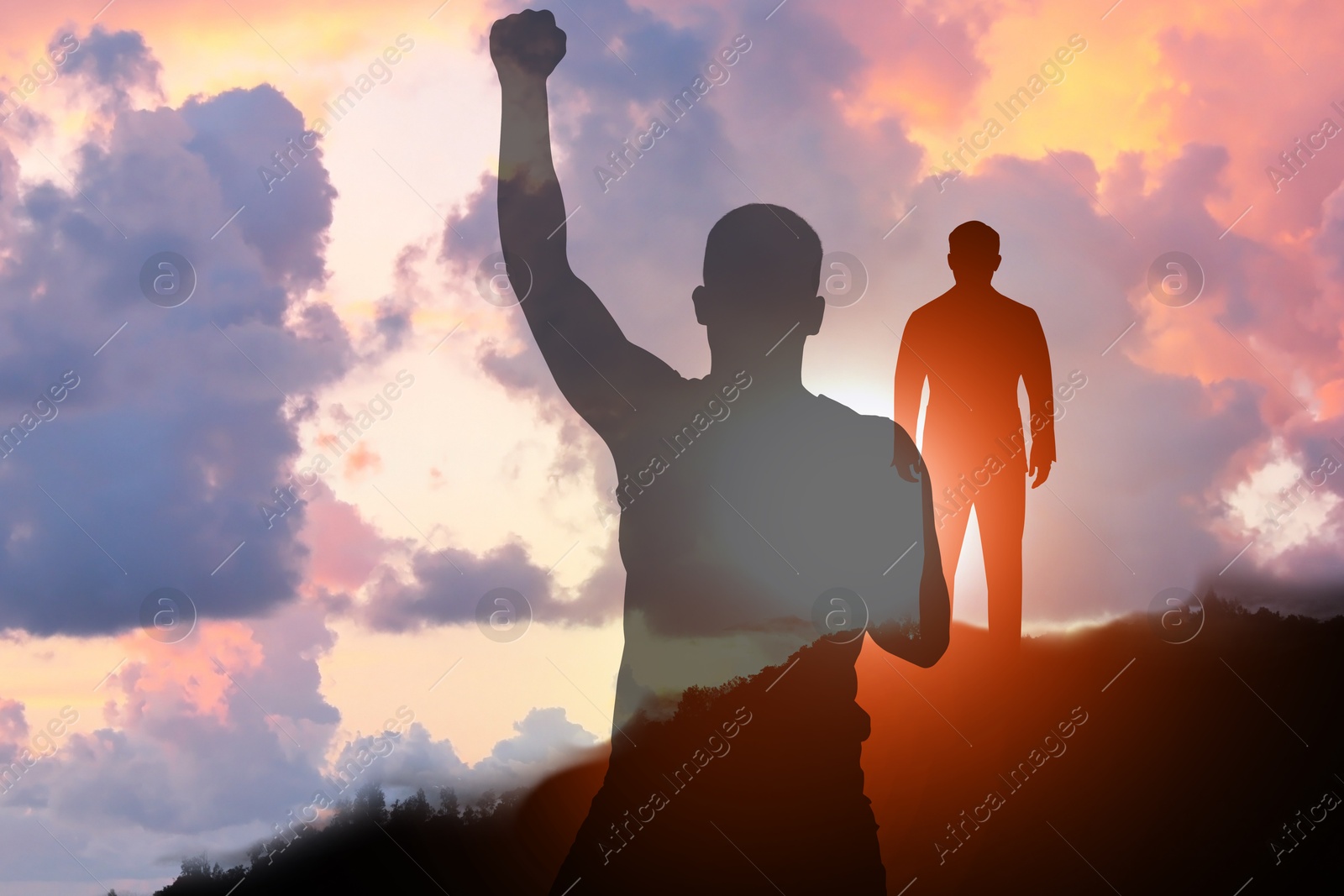 Hope. Silhouettes of man and winner on top of mountain at sunrise, double exposure Image of Hope. Silhouettes of man and winner on top of mountain at sunrise, double exposure