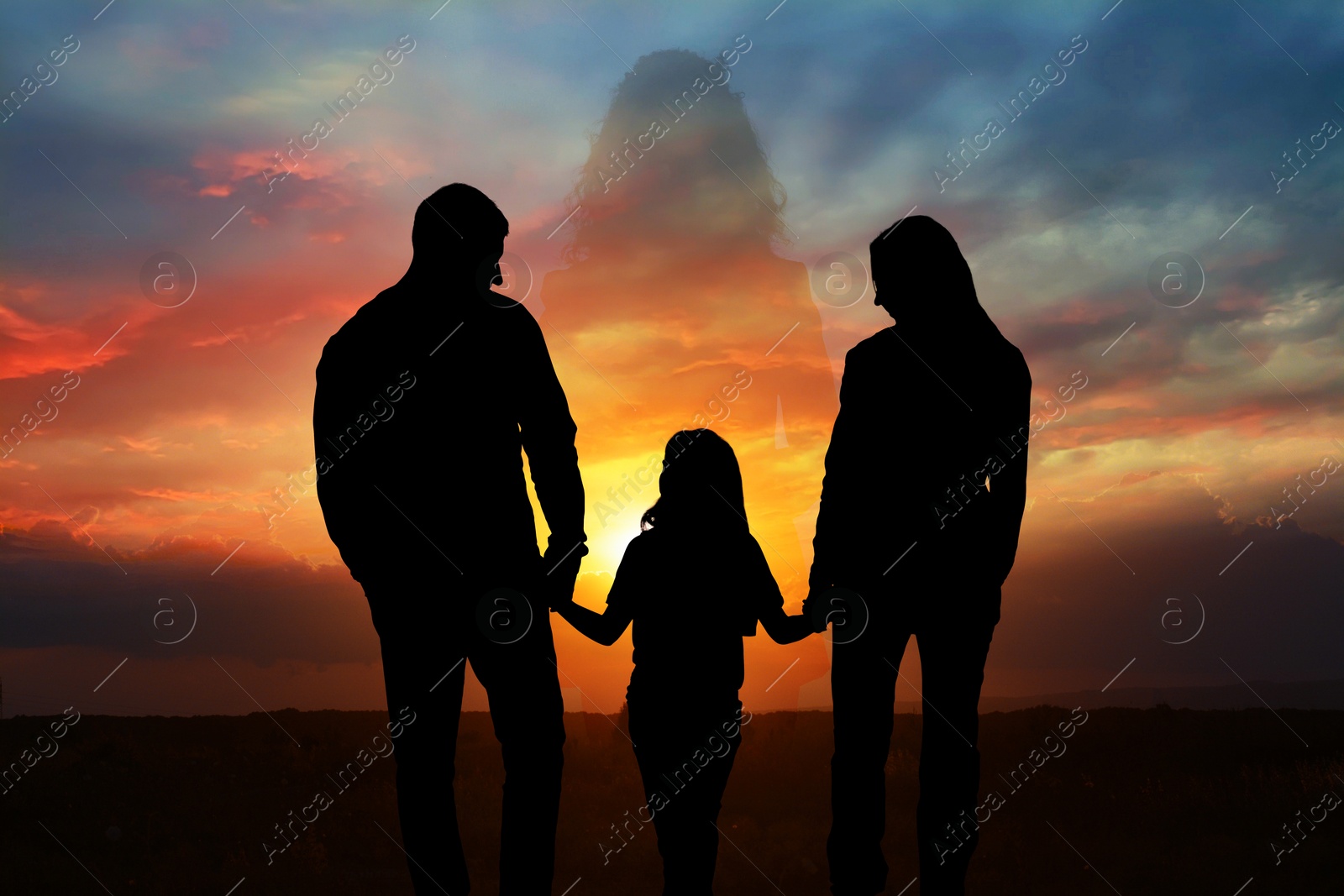 Image of Hope. Silhouettes of woman and family in nature at sunset, double exposure