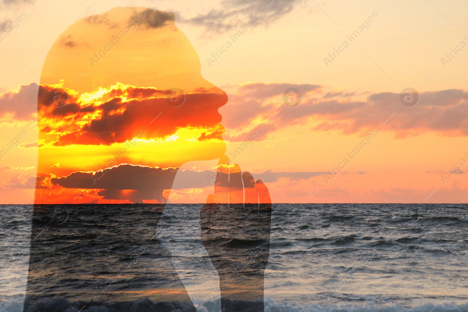 Image of Hope. Silhouette of woman and seascape at sunrise, double exposure