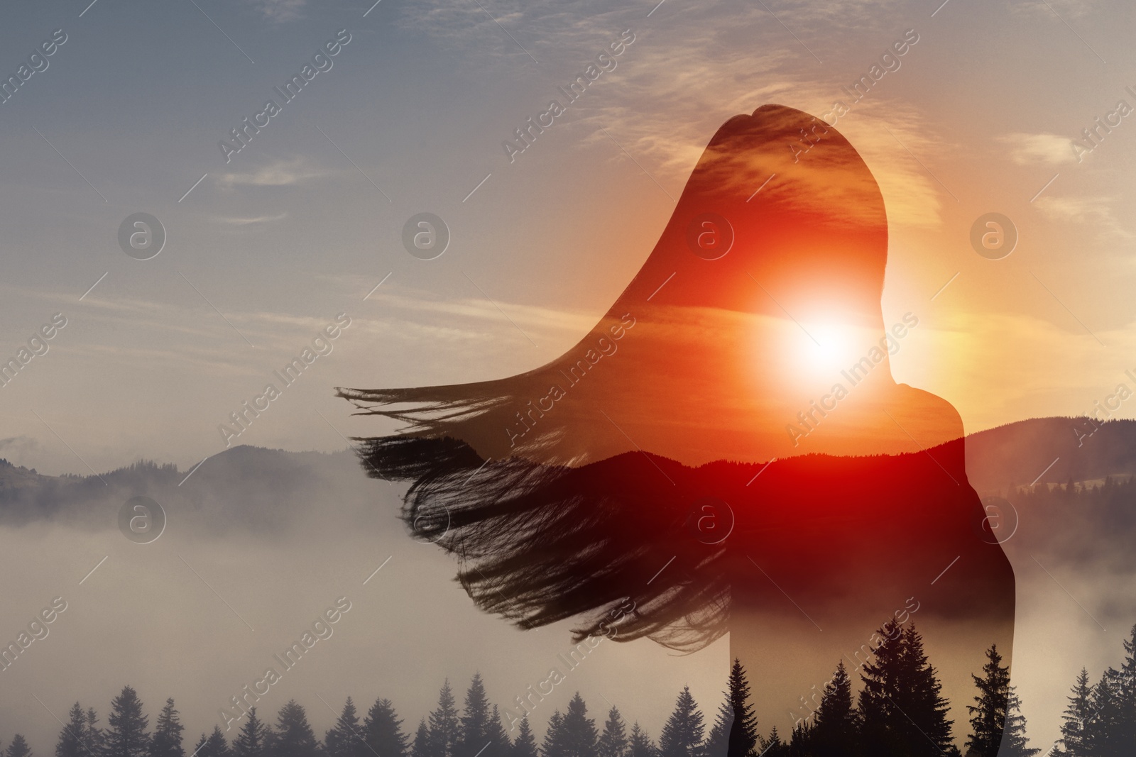Hope. Silhouette of woman and mountains at sunrise, double exposure Image of Hope. Silhouette of woman and mountains at sunrise, double exposure