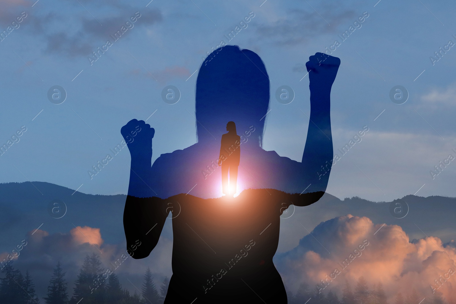 Hope. Silhouettes of woman and winner on top of mountain at sunrise, double exposure Image of Hope. Silhouettes of woman and winner on top of mountain at sunrise, double exposure