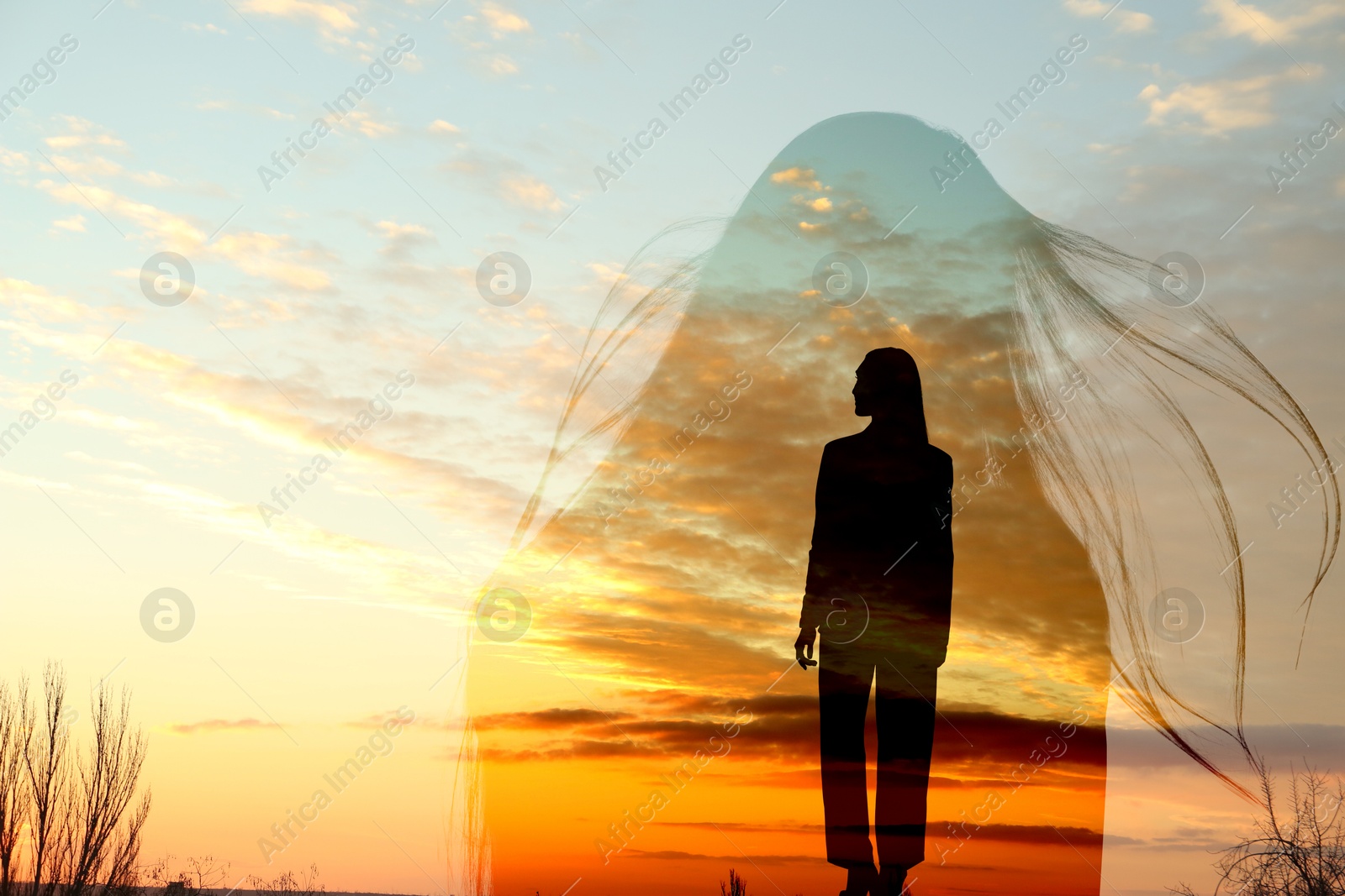 Hope. Silhouettes of woman in nature at sunrise, double exposure Image of Hope. Silhouettes of woman in nature at sunrise, double exposure