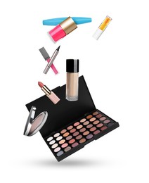 Image of Eyeshadow palette and other makeup cosmetics in air against white background