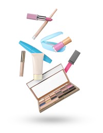 Image of Eyeshadow palette and other makeup cosmetics in air against white background