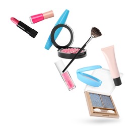 Image of Different makeup products in air against white background