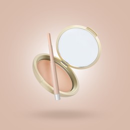Image of Face powder and concealer against dark beige background. Makeup cosmetics