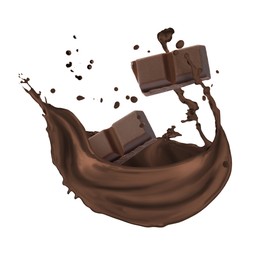 Image of Chocolate pieces and cacao drink splash on white background