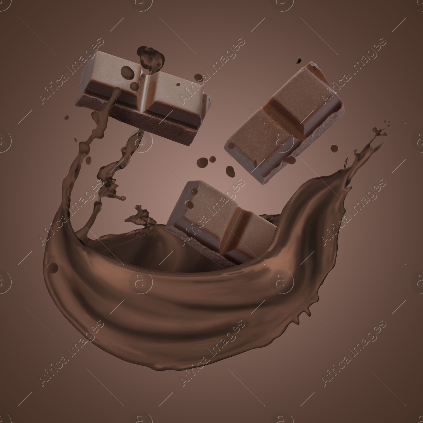 Chocolate pieces and cacao drink splash on brown background Image of Chocolate pieces and cacao drink splash on brown background
