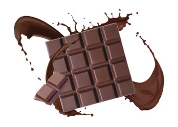 Image of Chocolate pieces and cacao drink splash on white background