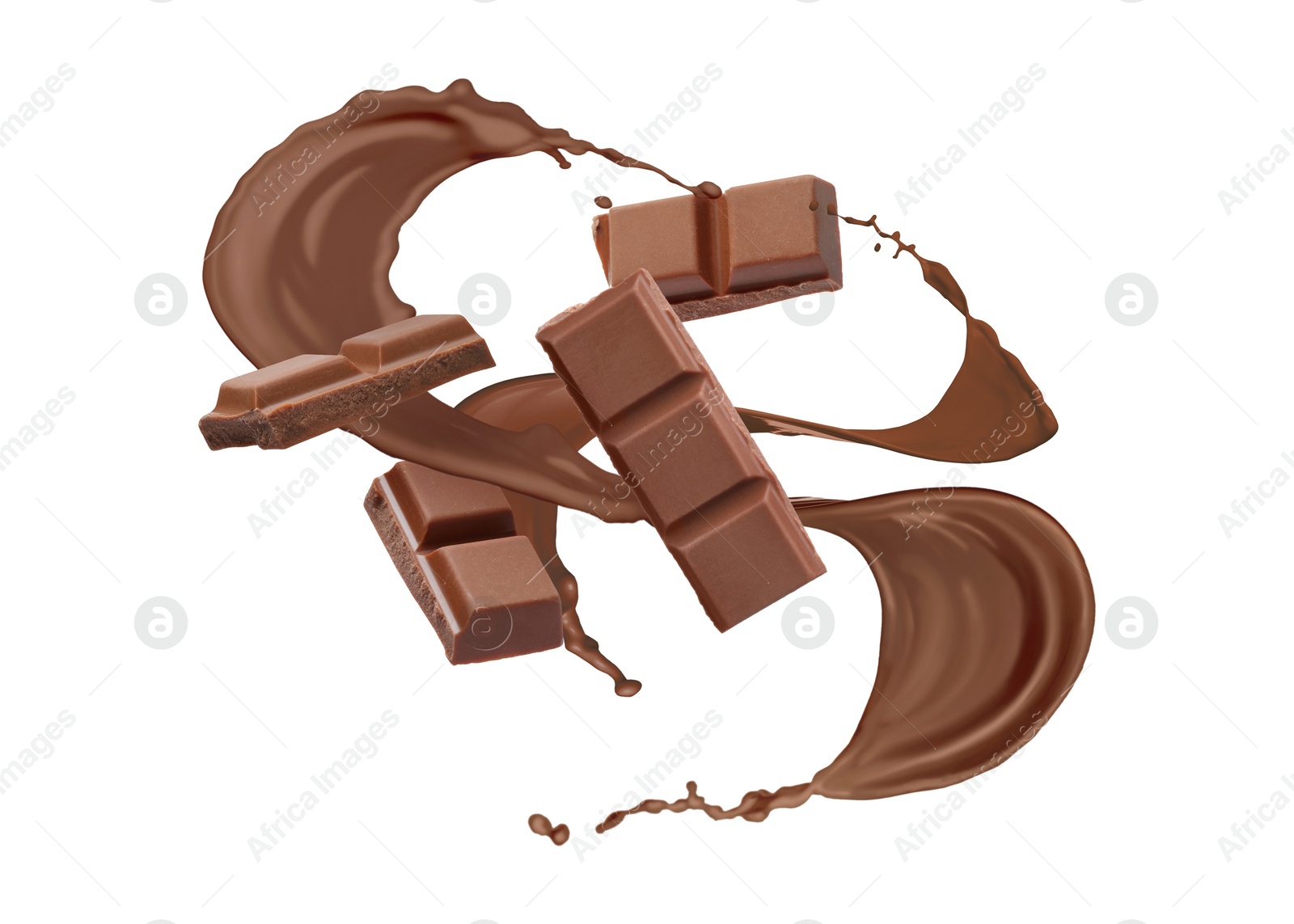 Chocolate pieces and cacao drink splash on white background Image of Chocolate pieces and cacao drink splash on white background