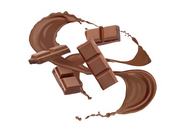 Image of Chocolate pieces and cacao drink splash on white background