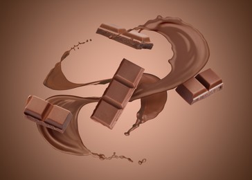 Image of Chocolate pieces and cacao drink splash on brown background