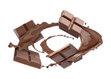 Image of Chocolate pieces and cacao drink splash on white background