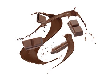 Image of Chocolate pieces and cacao drink splash on white background