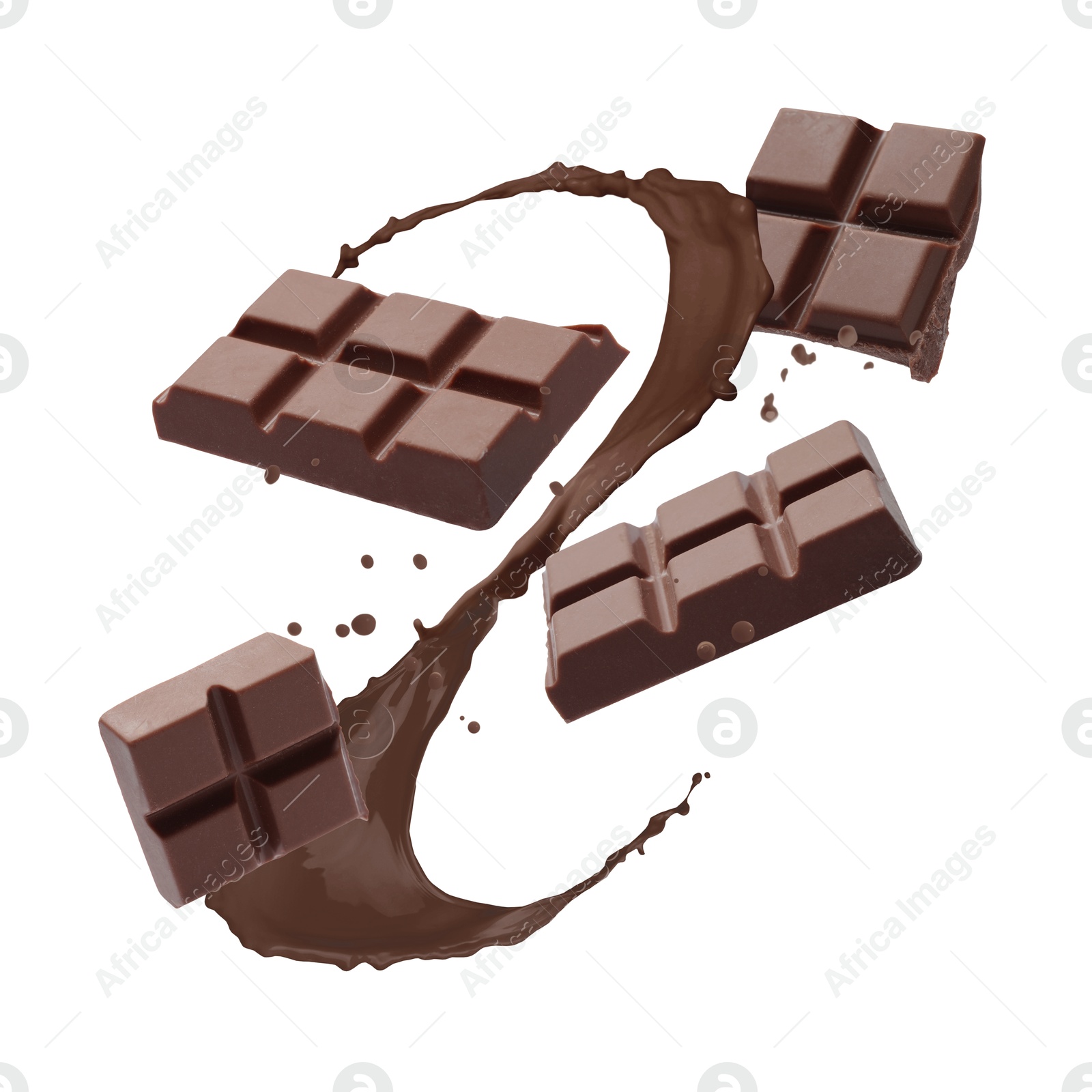 Chocolate pieces and cacao drink splash on white background Image of Chocolate pieces and cacao drink splash on white background