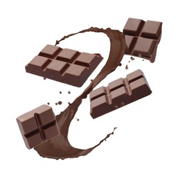 Image of Chocolate pieces and cacao drink splash on white background