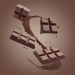 Image of Chocolate pieces and cacao drink splash on brown background