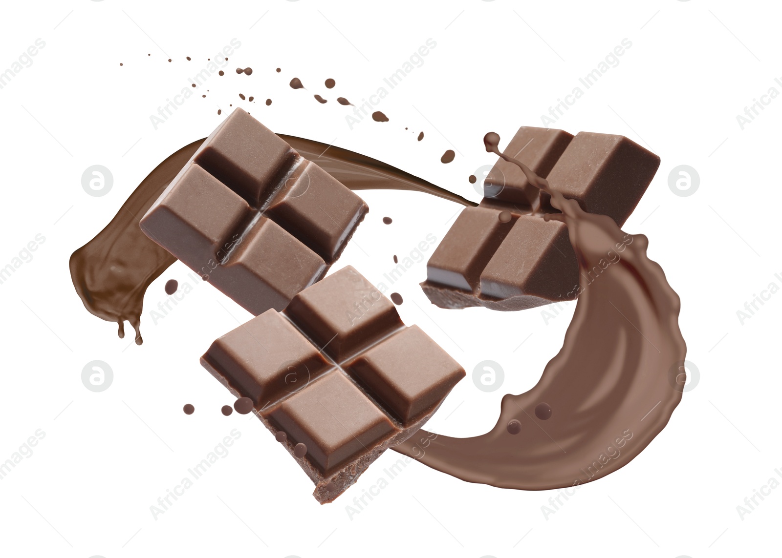 Chocolate pieces and cacao drink splash on white background Image of Chocolate pieces and cacao drink splash on white background
