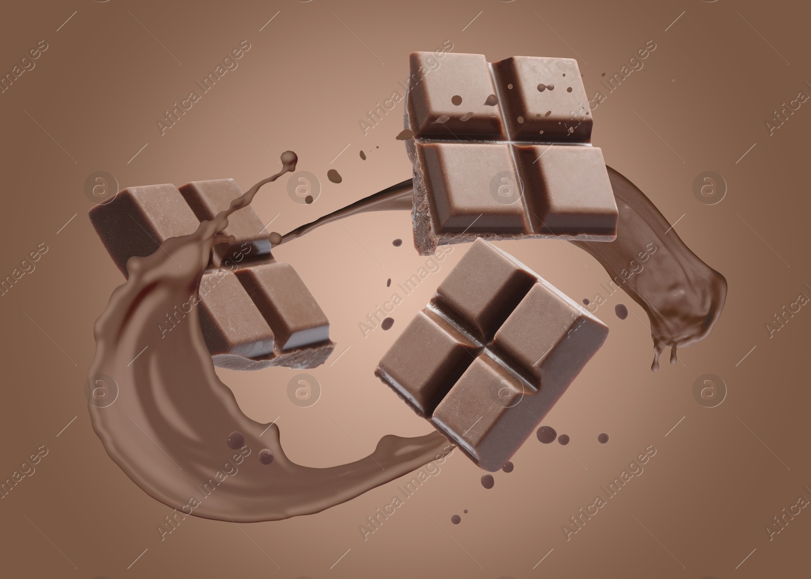 Chocolate pieces and cacao drink splash on brown background Image of Chocolate pieces and cacao drink splash on brown background
