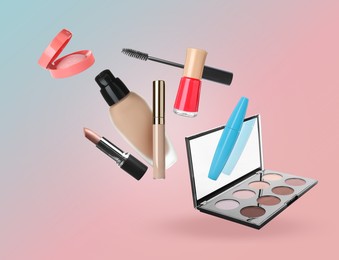 Image of Eyeshadow palette and other makeup cosmetics in air against color gradient background