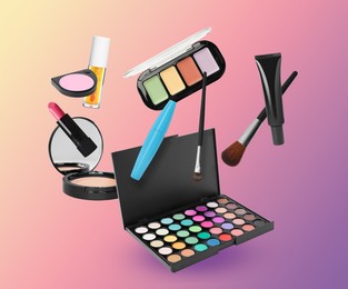 Image of Eyeshadow palette and other makeup products in air against color gradient background