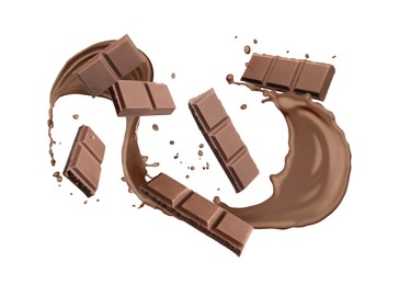 Image of Chocolate pieces and cacao drink splash on white background