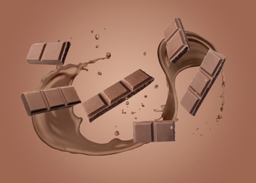 Image of Chocolate pieces and cacao drink splash on brown background