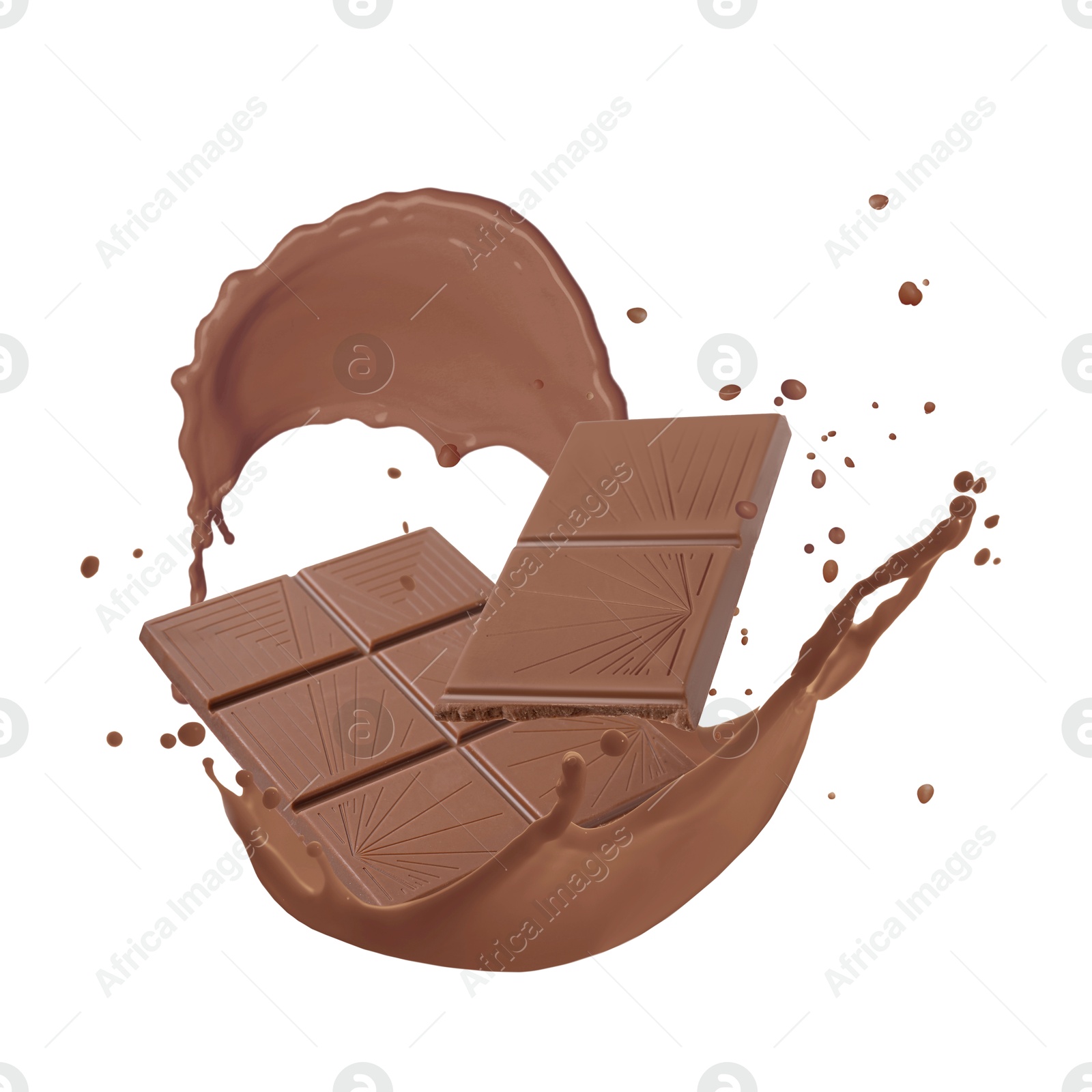 Image of Chocolate pieces and cacao drink splash on white background