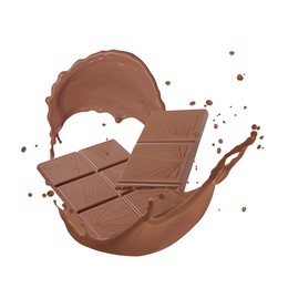Image of Chocolate pieces and cacao drink splash on white background