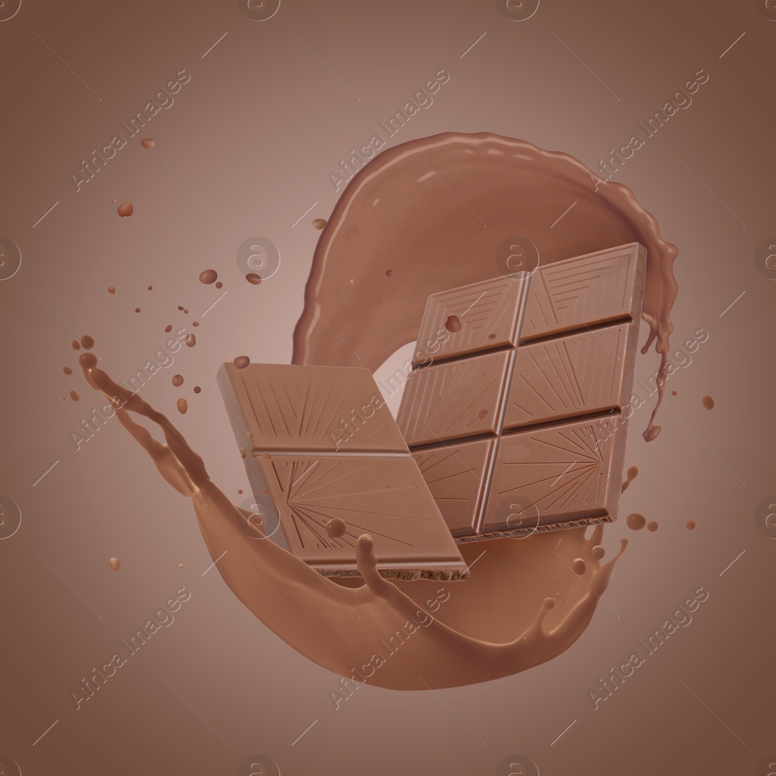 Image of Chocolate pieces and cacao drink splash on brown background
