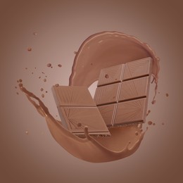 Image of Chocolate pieces and cacao drink splash on brown background