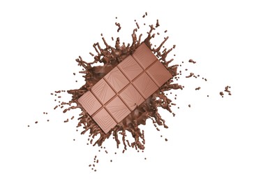 Image of Chocolate bar and cacao drink splash on white background