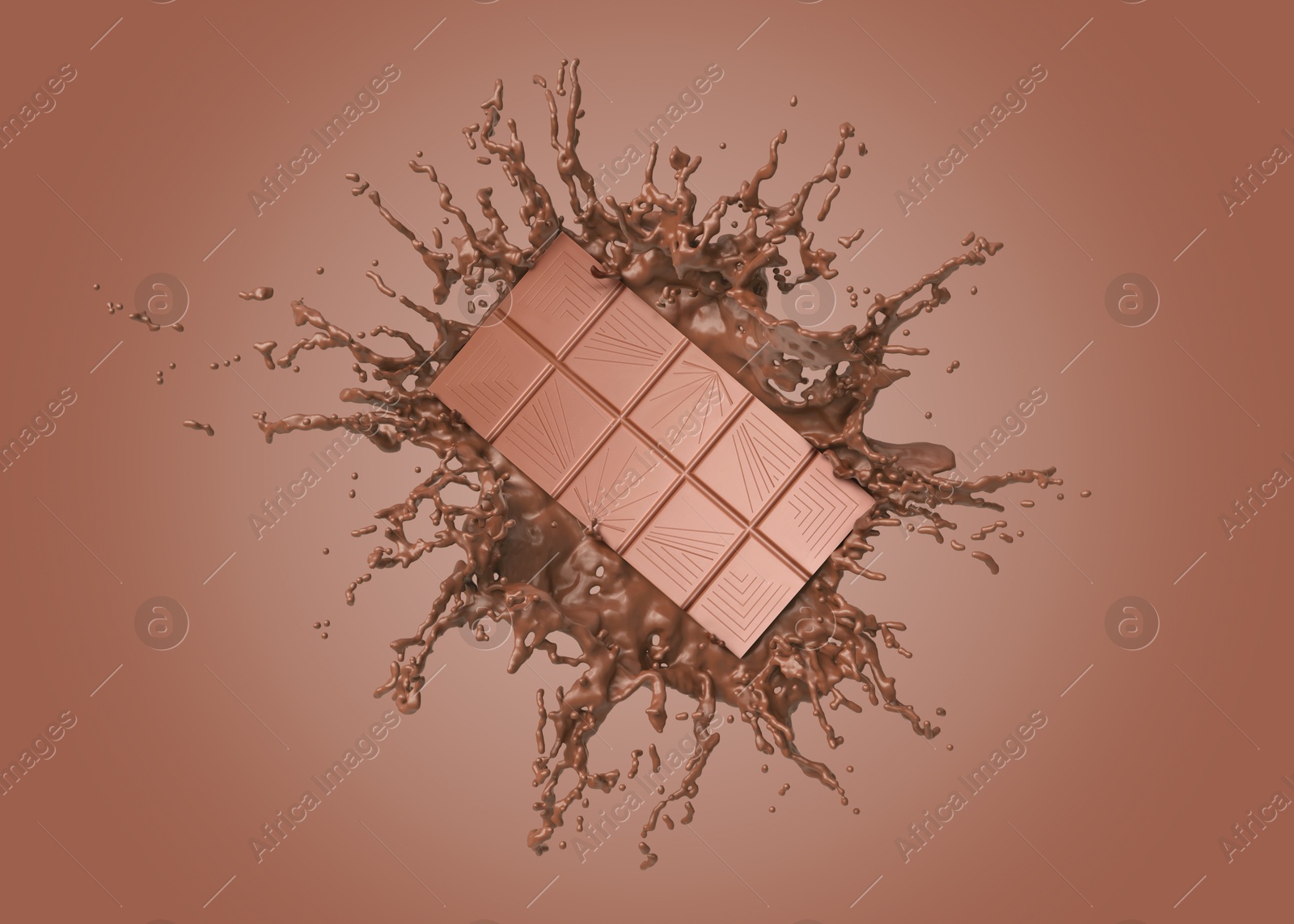 Image of Chocolate bar and cacao drink splash on brown background