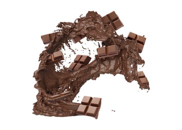 Image of Chocolate pieces and cacao drink splash on white background